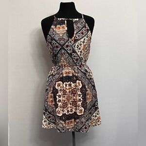 Halter Style Dress. Navy/Rust/ Cream Patterned Midi Dress